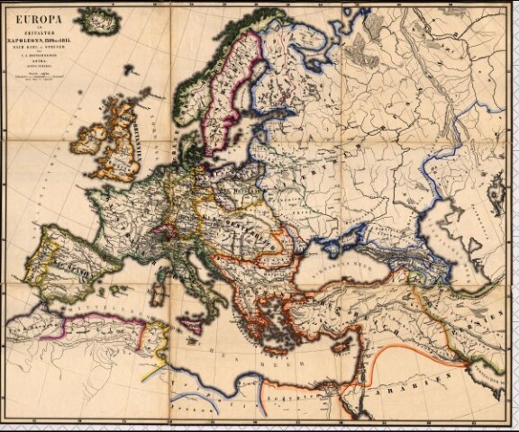 Mappa geografica dell'Europa al tempo di Napoleone I. In Atlante Storico  Geografico di K. von Sruner