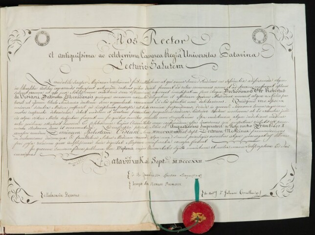 Diploma di Laurea in Medicina e Chirurgia di Roberto De Visiani, 24 agosto 1822