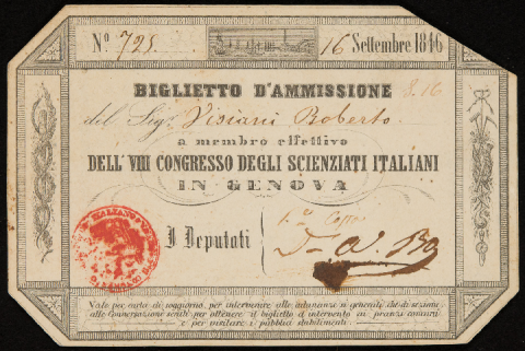 Biglietto di ammissione al VIII Congresso degli scienziati italiani di Roberto De Visiani